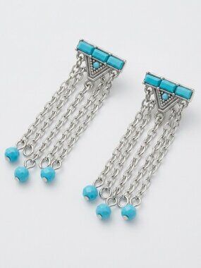 Faux Turquoise Silver Fringe Earrings Boho Western Desert Coachella Festival 90s